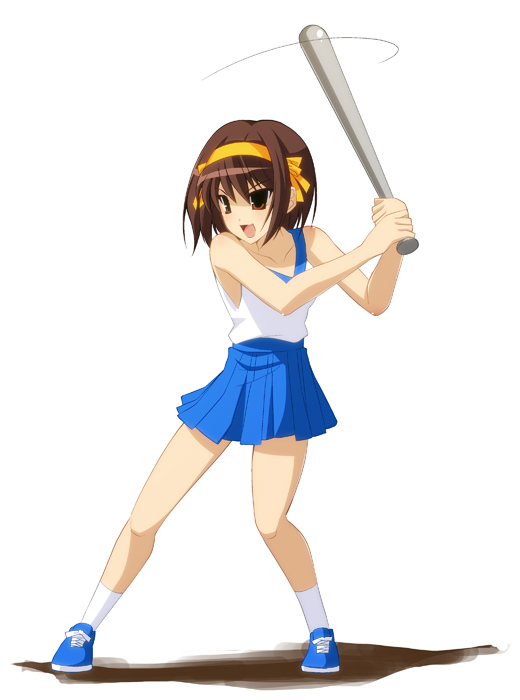 1girl, bad_anatomy, baseball_bat, brown_hair, cheerleader, footwear, hairband, oota_yuuichi