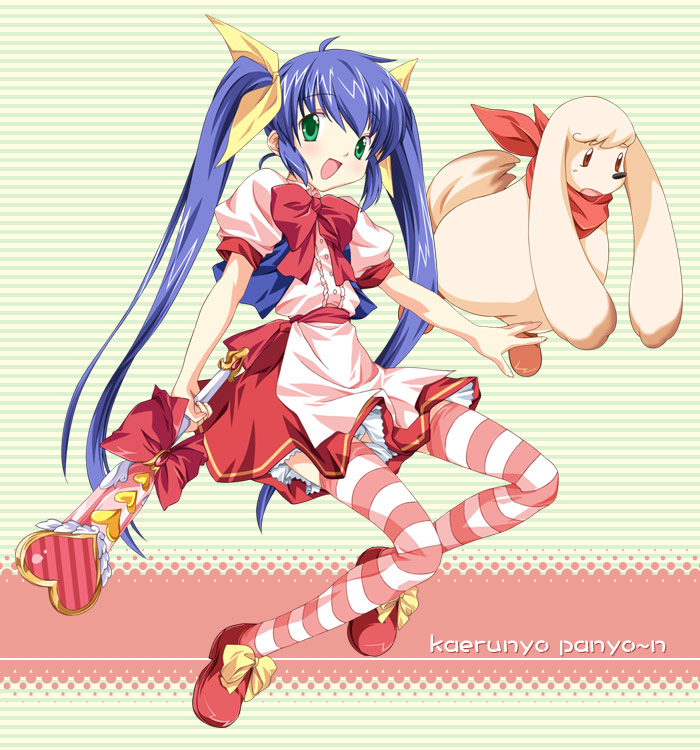 1girl, :d, ahoge, alisa_(kaerunyo_panyon), blue_hair, blush, bow, dog, dress, flat_chest, green_eyes, hair_ribbon, heart, inase_shin'ya, kaerunyo_panyon, long_hair, magical_girl, open_mouth, panties, panyon_(kaerunyo_panyon), ribbon, scarf, shoes, smile, solo, striped, striped_legwear, thigh-highs, twintails, underwear, very_long_hair, wand, white_panties