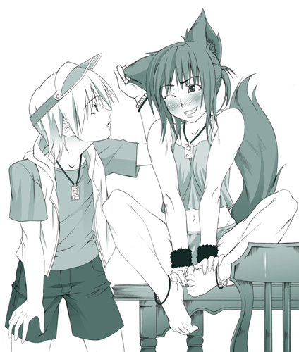 1boy, 1girl, animal_ears, aqua, barefoot, blush, chisato_kirin, feet