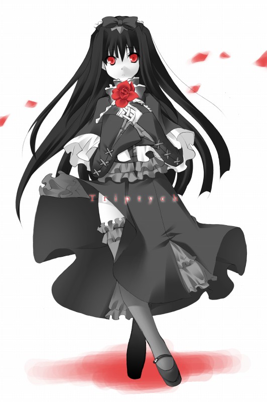 1girl, alcot, black_hair, dress, flower, frills, gothic, komi_zumiko