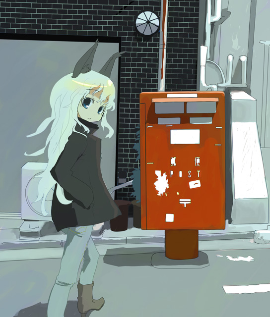 1girl, 96, animal_ears, blonde_hair, blue_eyes, boots, hands_in_pockets, long_hair
