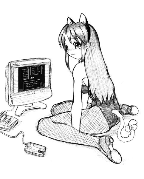 1girl, animal_ears, asahina_mikuru, cat_ears, cat_tail, dragon_quest, famicom, fishnet_pantyhose
