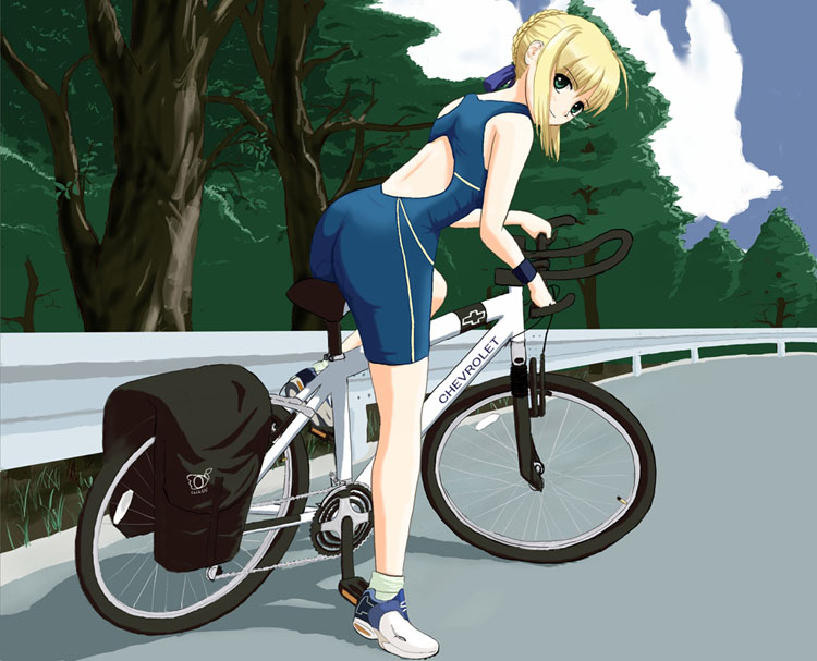 1girl, ahoge, alternate_costume, ass, back, bangs, bare_shoulders, bicycle