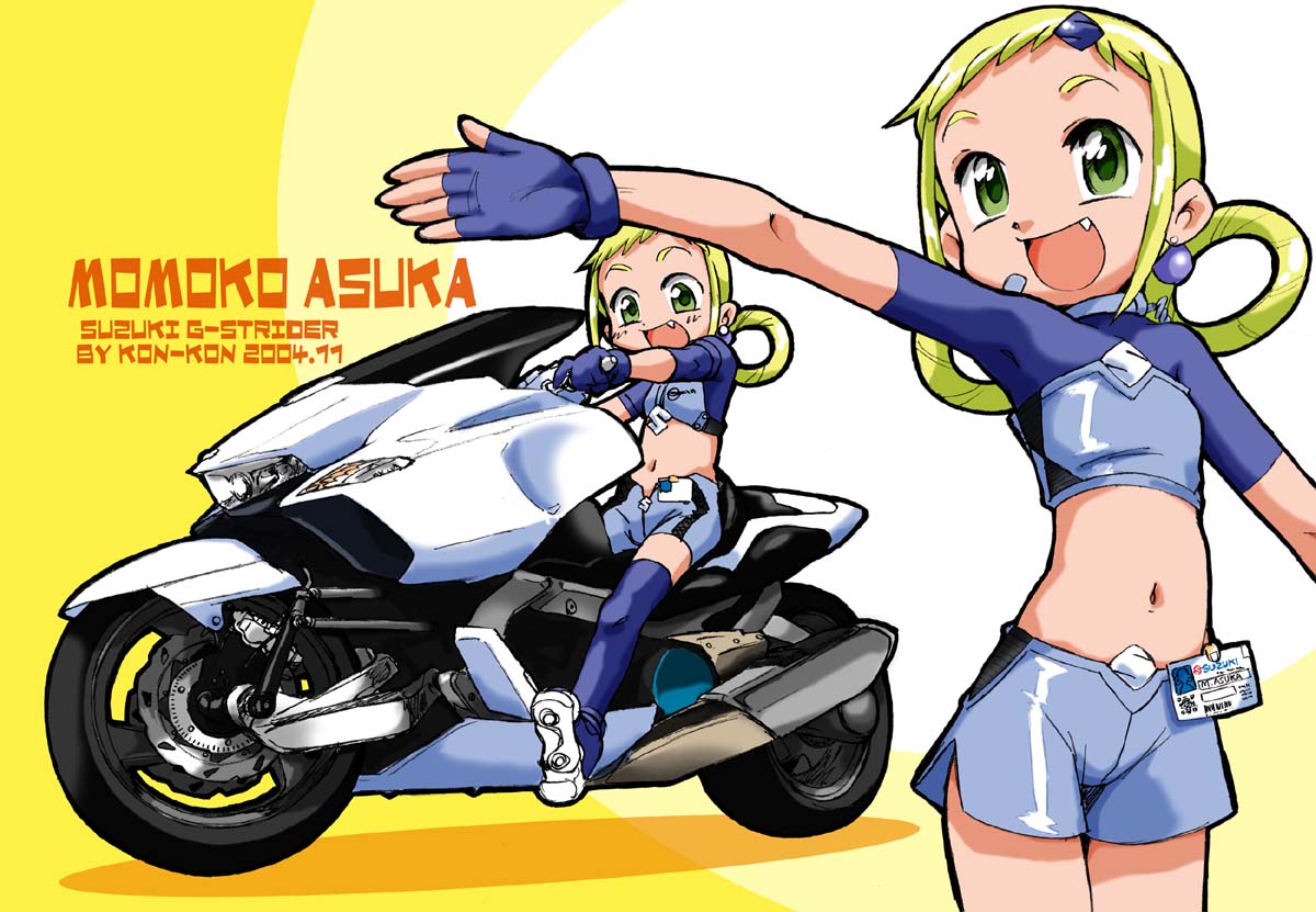 1girl, asuka_momoko, blonde_hair, child, green_eyes, ground_vehicle, midriff, motor_vehicle