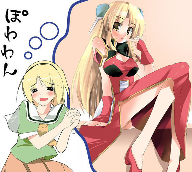 00s, 2girls, blonde_hair, broccoli_(company), crossover, galaxy_angel, higurashi_no_naku_koro_ni, houjou_satoko