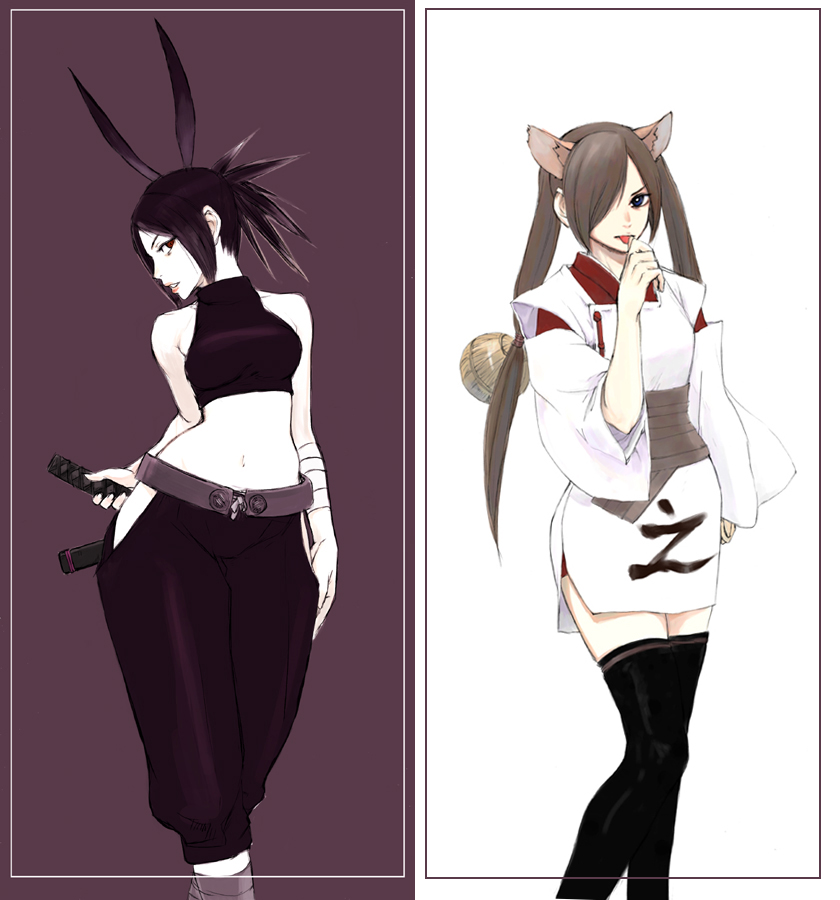 2girls, acquire, animal_ears, ayame, ayame_(tenchu), bare_shoulders, blue_eyes, cat_ears, contrapposto, from_software, hair_over_one_eye, hip_vent, japanese_clothes, kagura, kagura_(tenchu), kimono, midriff, multiple_girls, navel, ninja, red_eyes, short_kimono, sleeveless, tenchu, tenchuu, thigh-highs, wide_hips
