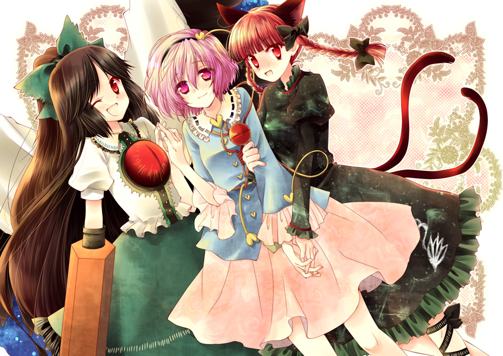 animal_ears, braid, cat_ears, cat_tail, coco_(artist), hair_ribbon, holding_hands, kaenbyou_rin