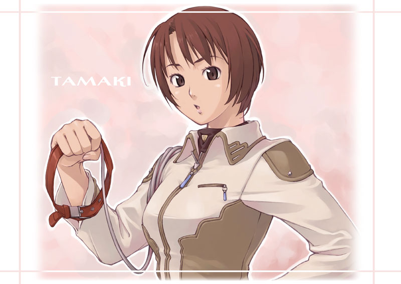 1girl, brown_eyes, brown_hair, leash, original, short_hair, solo, tamaki_g