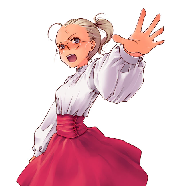 1girl, blonde_hair, blue_eyes, buttons, cowboy_shot, glasses, high-waist_skirt, long_sleeves
