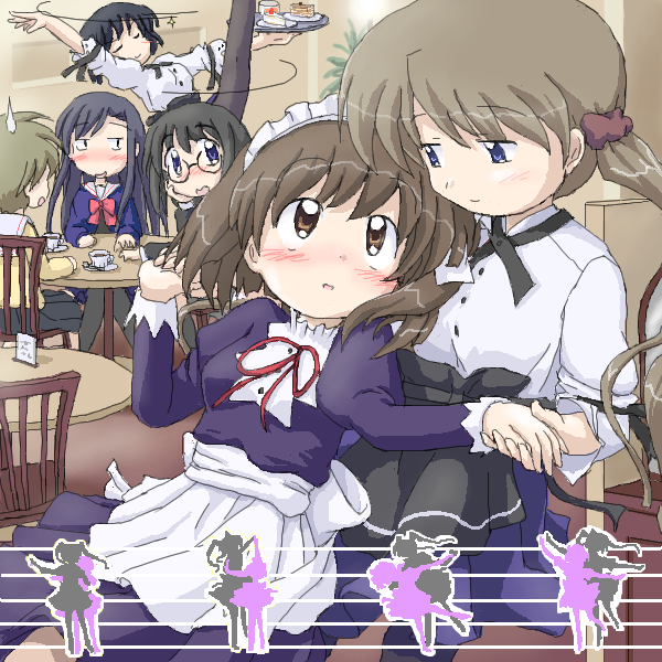 blush, bow, brown_hair, cake, dance, dancing, food, glasses