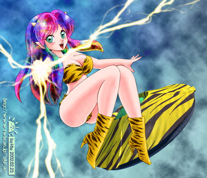 1girl, akira_m, electricity, green_eyes, horns, lum, multicolored_hair, solo, tiger_print, urusei_yatsura