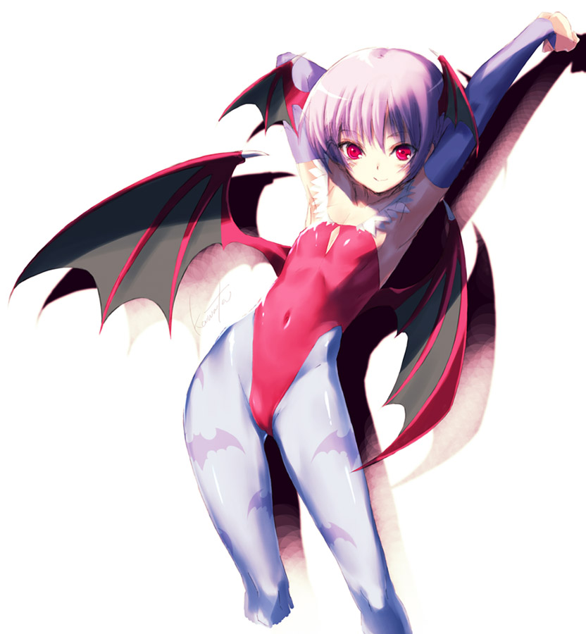 1girl, armpits, bare_shoulders, bat_print, capcom, demon_girl, flat_chest, head_wings