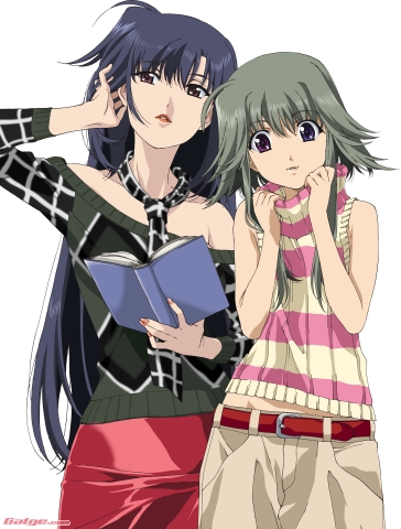 2girls, arm_up, bare_shoulders, benibara_nadeshiko, book, casual, collarbone, cowboy_shot