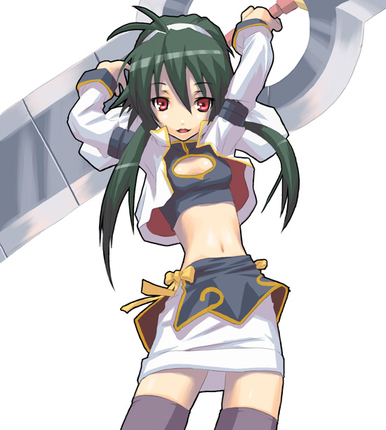 1girl, antenna_hair, arms_up, cleavage_cutout, green_hair, hairband, long_hair, midriff