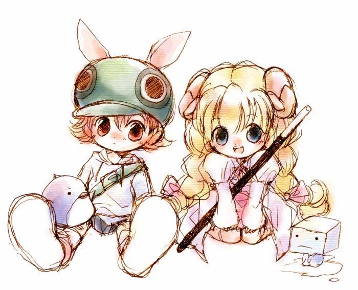 animal_ears, bird, bird_on_leg, blonde_hair, blue_eyes, bow, braid, bunny_(trickster)