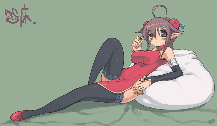 1girl, brown_hair, china_dress, chinese_clothes, dress, elbow_gloves, elf, gloves
