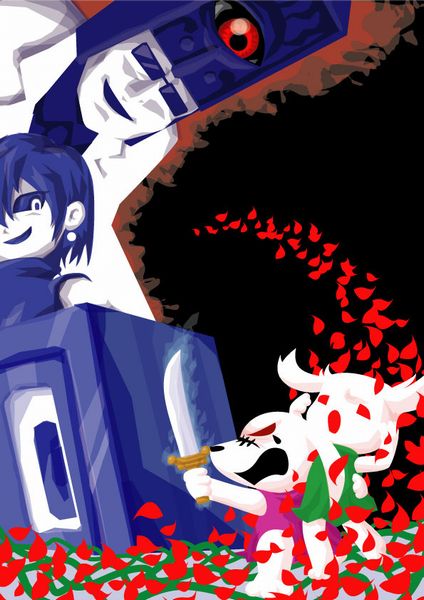 1boy, 1girl, balrog_(doukutsu_monogatari), box, date_fuyuhiko, doctor, doukutsu_monogatari, evil_smile