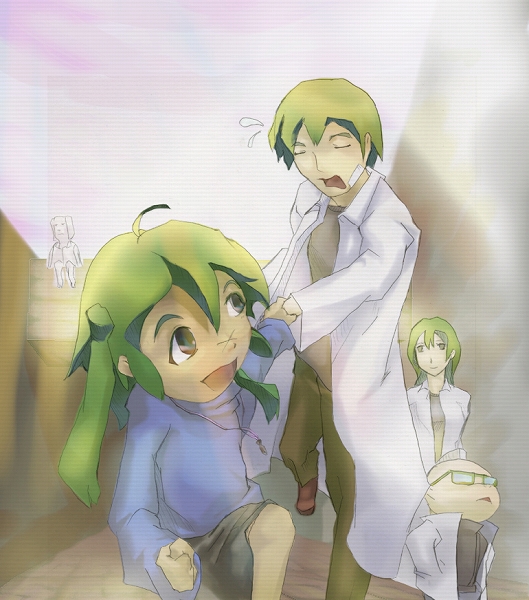 2boys, 2girls, bad_anatomy, doukutsu_monogatari, green_hair, itoh, labcoat, multiple_boys