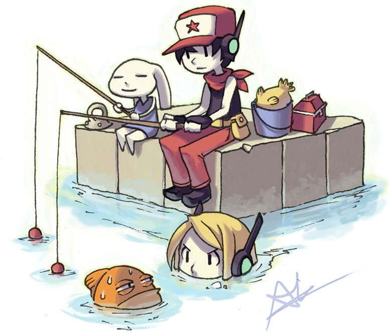 1boy, 1girl, alex_ahad, android, chinfish, curly_brace, doukutsu_monogatari, fish, fishing, kanpachi, kanpachi_(doukutsu_monogatari), mimiga, quote, robot, screencap, swimming