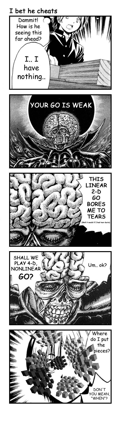 4d, 4koma, 5koma, angel, berserk, board_game, brain, comic, crossover, demon, english, go, god_hand_(berserk), hard_translated, highres, hikaru_no_go, long_image, monochrome, parody, photoshop, shindou_hikaru, tall_image, void, what