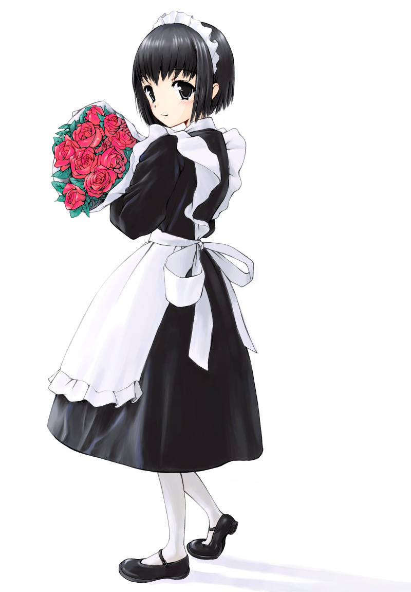 1girl, black_eyes, black_hair, blush, bob_cut, bouquet, flower, maid