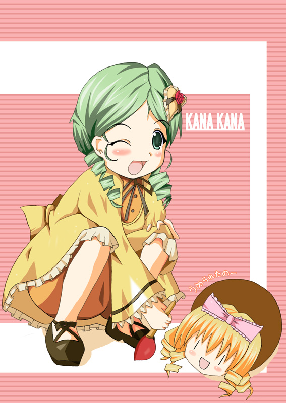 00s, 1girl, bangs, blonde_hair, blush, drill_hair, green_eyes, green_hair