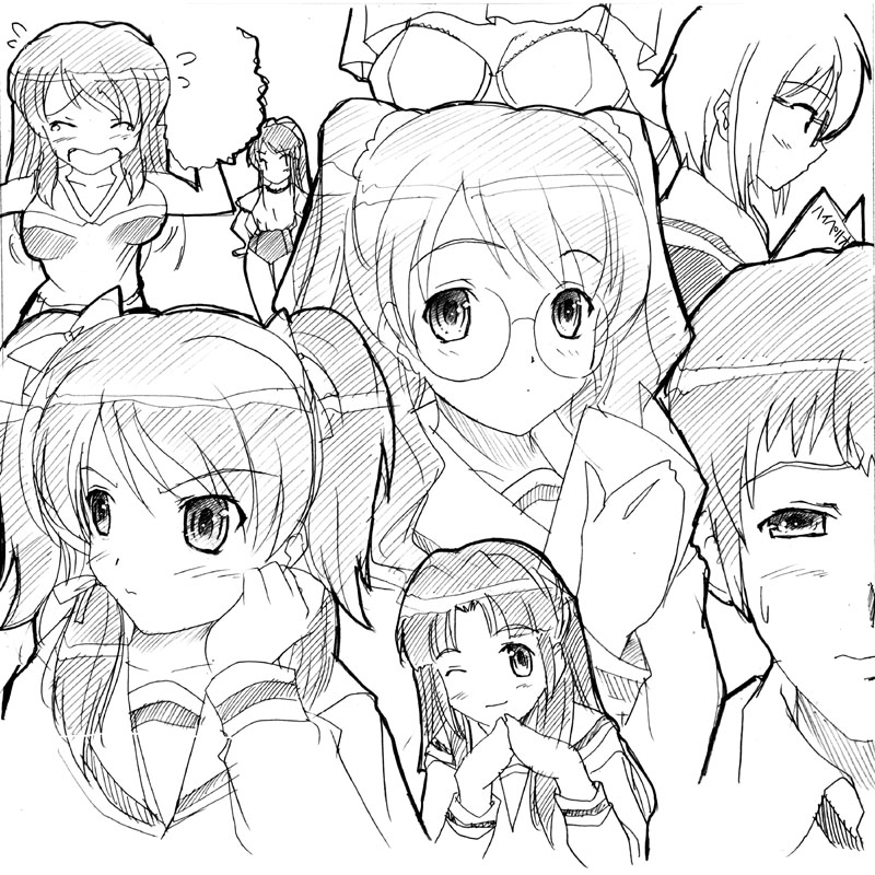 1boy, 5girls, asahina_mikuru, asakura_ryouko, everyone, extra, gym_uniform, kyon