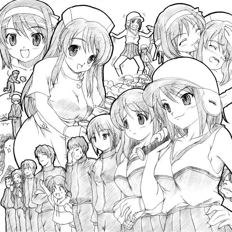 4boys, 5girls, asahina_mikuru, biting, everyone, helmet, koizumi_itsuki, kunikida