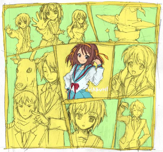 2boys, 3girls, asahina_mikuru, brown_hair, hare_hare_yukai, imo_(suruga), koizumi_itsuki, kyon