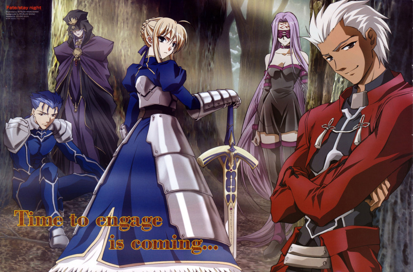 2boys, 3girls, archer, armor, armored_dress, blonde_hair, caster, dark_skin