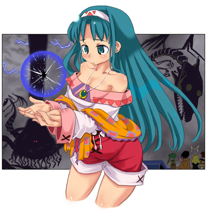 1girl, aqua_eyes, aqua_hair, bare_shoulders, blue_hair, cropped_legs, game_arts, green_eyes