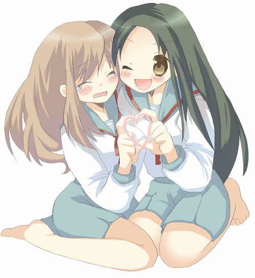 2girls, asahina_mikuru, heart, heart_hands, heart_hands_duo, long_hair, multiple_girls, sandlot
