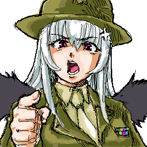 1girl, angry, close-up, cosplay, full_metal_jacket, hat, looking_at_viewer, lowres, marine_corps, military, military_uniform, osakana_(denpa_yun'yun), parody, pointing, rozen_maiden, sgt_hartman, sgt_hartman_(cosplay), sgt_hartmann, silver_hair, simple_background, solo, suigintou, uniform, violet_eyes, white_background