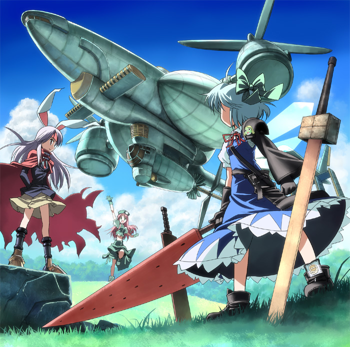 3girls, advent_cirno, advent_reisen, animal_ears, arm_up, blue_dress, blue_hair, boots