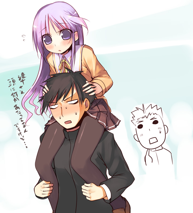 3boys, crossdressinging, happiness!, kashiwamochi_yomogi, kohinata_yuuma, multiple_boys, pantyhose, purple_hair, school_uniform, serafuku, trap, violet_eyes, watarase_jun