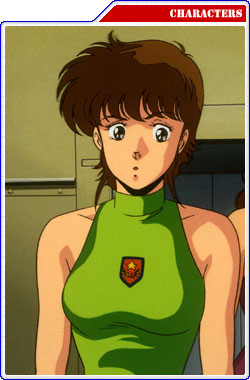 1girl, 80s, :o, black_eyes, brown_hair, dragonar, halter_top, halterneck
