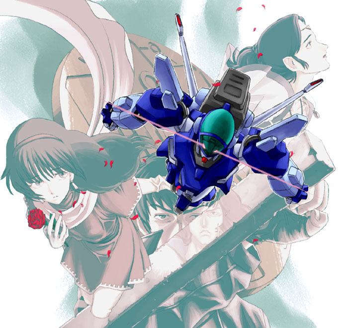 2boys, 2girls, 80s, anna_stephanie, aoki_ryuusei_spt_layzner, asuka_eiji, blue_comet_spt_layzner, eiji_asuka, flower, julia_asuka, layzner, mecha, multiple_boys, multiple_girls, oldschool, rose, sword, weapon