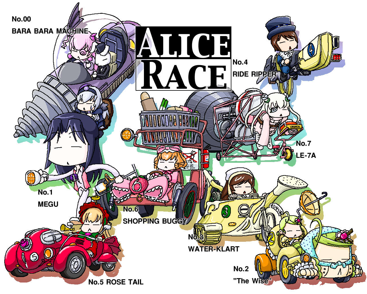6+girls, barasuishou, blonde_hair, everyone, flower_eyepatch, heterochromia, hina_ichigo, kanaria, kirakishou, multiple_girls, parody, rozen_maiden, shinku, sonota_oozei, souseiseki, suigintou, suiseiseki, wacky_races, what