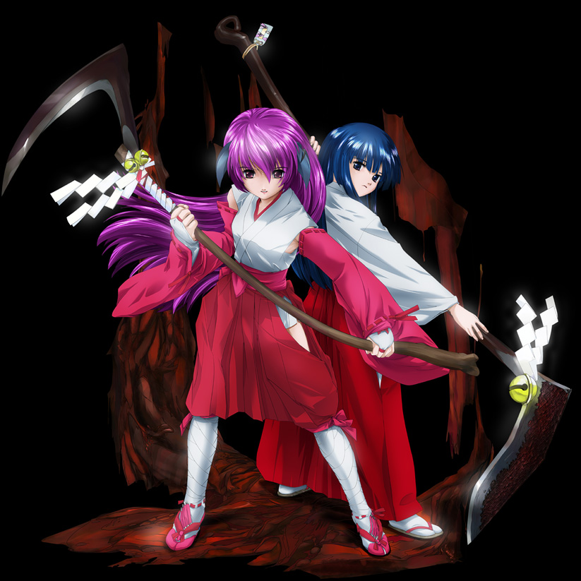 2girls, ashibe_ryou, furude_rika, gohei, hanyuu, higurashi_no_naku_koro_ni, japanese_clothes, miko