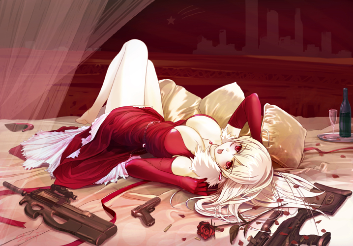 bed, blonde_hair, breasts, bullpup, chronicle_2nd, cleavage, detached_sleeves, dress