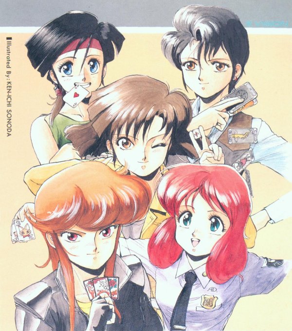 5girls, 80s, black_hair, blue_eyes, board_game, brown_eyes, brown_hair, bubblegum_crisis