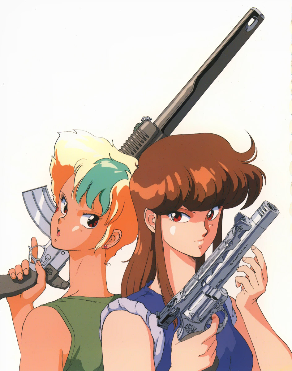 2girls, 80s, back-to-back, blonde_hair, brown_hair, bubblegum_crisis, crossover, earrings