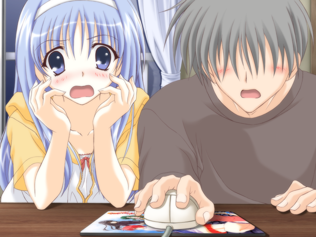 1boy, 1girl, blue_eyes, blue_hair, blush, computer, computer_mouse, fukunaga_yumi