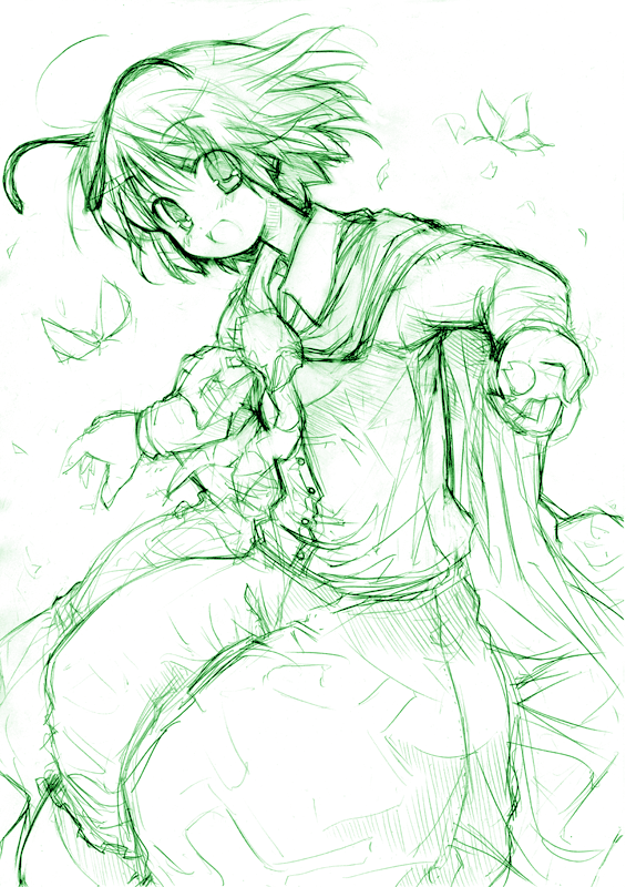 1girl, antennae, cape, female, green, monochrome, ozaki, ozaki_(ko-zaki)