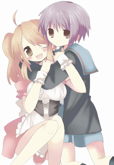 2girls, asahina_mikuru, blush, breasts, brown_eyes, brown_hair, cardigan, glasses