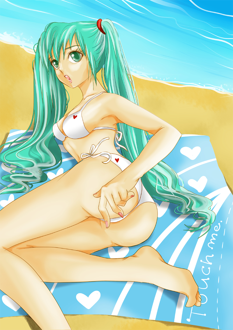 aqua_hair, ass, barefoot, beach, bikini, feet, hatsune_miku, long_hair, lying, side-tie_bikini, swimsuit, tamayura_(artist), tamayura_(pixiv430265), twintails, vocaloid