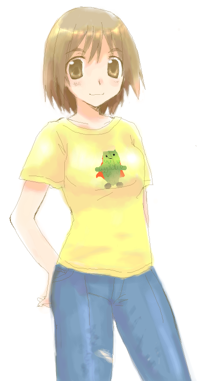 1girl, arms_behind_back, ayase_fuuka, brown_eyes, brown_hair, clothes_writing, denim, eyebrows