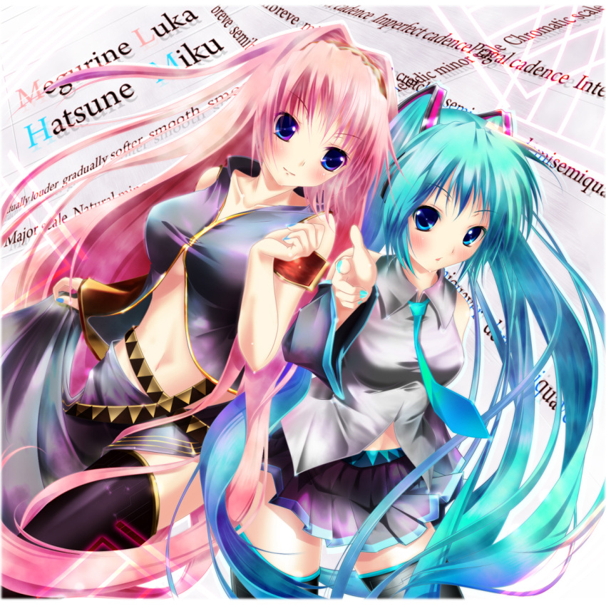 bad_id, blush, hatsune_miku, highres, megurine_luka, multiple_girls, niro_(pixiv194231), nironiro, pointing, skirt, thigh-highs, thighhighs, twintails, vocaloid