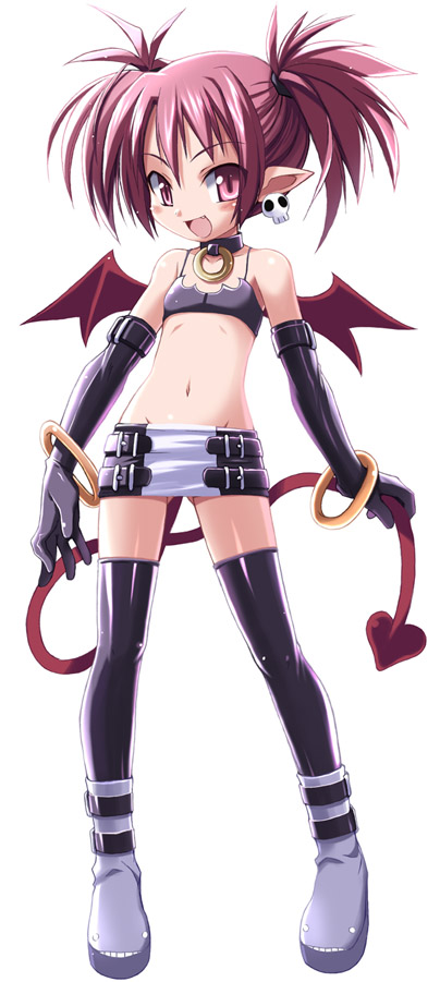 1girl, bare_shoulders, bat_wings, black_legwear, demon_girl, disgaea, earrings, elbow_gloves