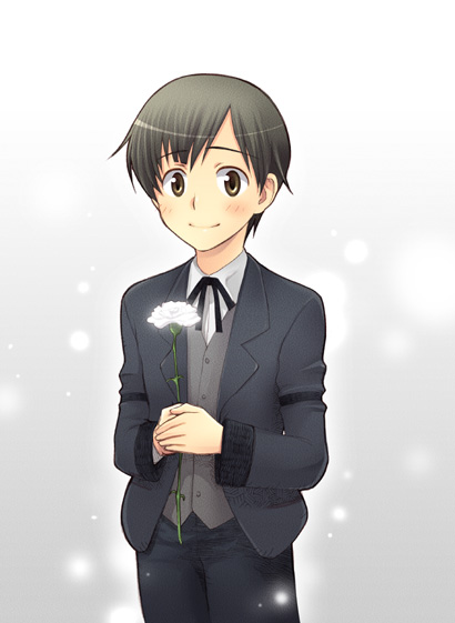 1boy, blood+, flower, formal, holding, holding_flower, male_focus, miyagusuku_riku